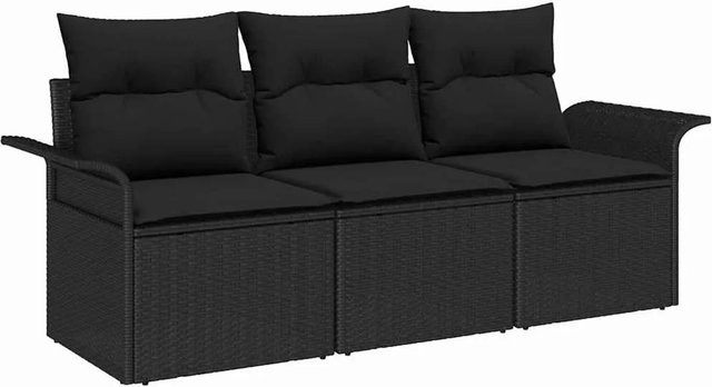 vidaXL Sofa Set 3-teilig aus Poly-Rattan in Schwarz mit Kissen und pulverbeschichtetem Stahlgestell - Bild 1