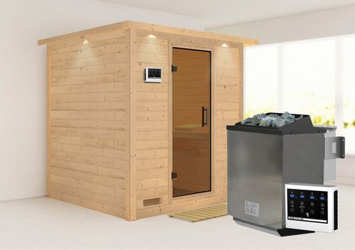 Karibu Sauna Sindi Bio-Kombi-Sauna für 4 Personen mit 9 kW Bio-Kombi-Saunaofen und externer Steuerung, beige - Bild 1