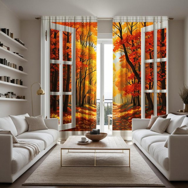 2er-Set dekorative Vorhänge mit Herbst-Ahornblatt-Print in Gelb und Orange, B: 132 cm, H: 160 cm - Bild 1