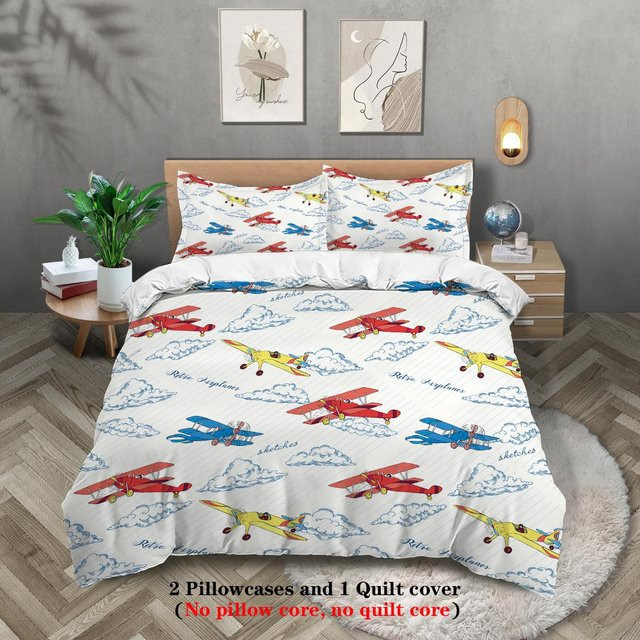 3-teiliges Bettwäsche-Set JMG Household Supplies mit Cartoon-Flugzeugmuster, weiß, Material: Mikrofaser/Polyester, B/H: 140 x 210 cm - Bild 1