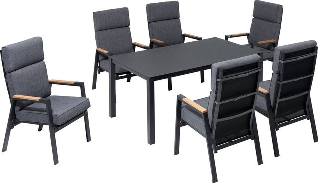OUTFLEXX Garten-Essgruppe in Anthrazit Matt mit 6 Sesseln und Polstern, Tisch B: 200 cm, T: 95 cm, H: 75 cm, Material: Alu, Spraystone, Polyester und Teak - Bild 1