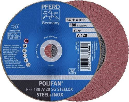 PFERD POLIFAN SG STEELOX Fächerschleifscheibe für Stahl und Edelstahl, Durchmesser: 180 mm, Bohrungs-Ø: 22,23 mm, Körnung: 120 - Bild 1