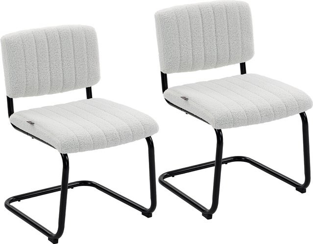 HOMCOM Esszimmerstühle 2er Set modern Freischwinger mit hoher Rückenlehne in Teddyfleece-Optik und Stahlgestell, Cremeweiß - Bild 1