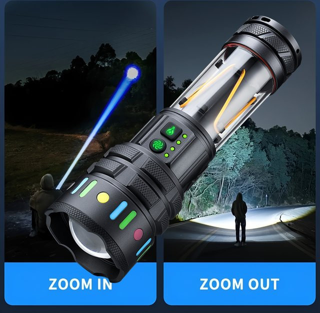 Alonefire LED-Taschenlampe mit 30W Zoom und COB-Licht, USB wiederaufladbar, Schwarz - Bild 1