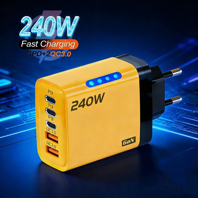WALKESEN 240W GaN Schnellladegerät mit 5 Ports, USB-C PD & QC3.0, Gelb - Bild 1