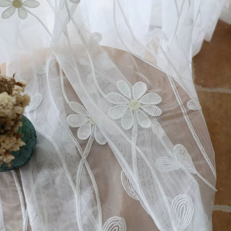 AiFish Transparent Voile-Vorhang mit Blumenstickerei in Weiß, Breite: 100 cm, Höhe: 180 cm - Bild 2