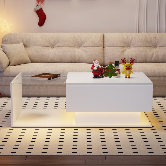 Moderner Couchtisch in Weiß Hochglanz mit Glasplatte, LED-Beleuchtung und Schublade, B/T/H: 100 x 50 x 32 cm - Bild 1