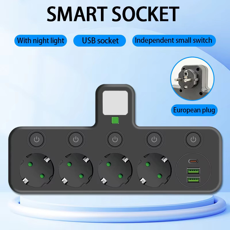 Szaoju Steckdosenleiste mit 4 AC-Steckdosen, 2 USB-Anschlüssen und 1 USB-C-Anschluss mit unabhängigen Schaltern und Nachtlicht in Schwarz oder Weiß - Bild 3
