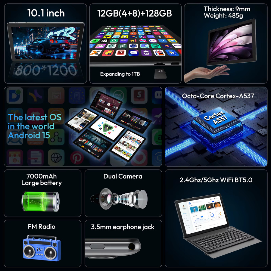 XGODY N02 Pro Android 15 Tablet mit 10,1 Zoll 2K Display, 12 GB RAM, 128 GB ROM, 7000 mAh Akku und 5G WLAN in Grau - Bild 2