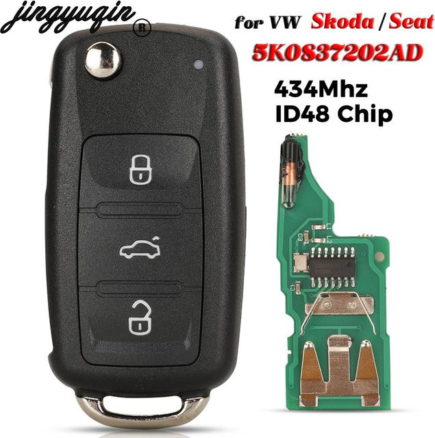 Jingyuqin Fernbedienungsschlüssel 434MHz ID48 für VW Golf Mk6 Kombi, Caddy, Eos, Jetta, Polo, Scirocco, Tiguan sowie Skoda und Seat Cordoba in Schwarz - Bild 1
