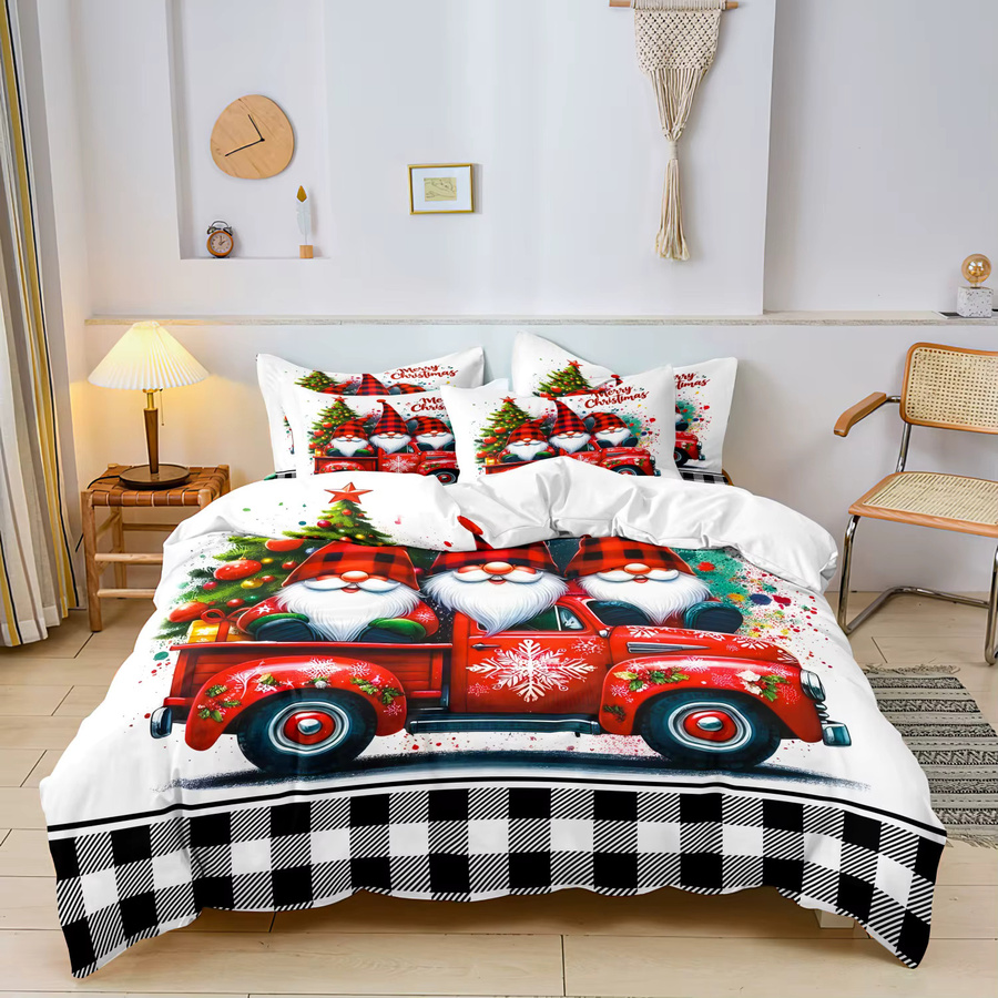 3-teiliges Weihnachtsbettwäsche-Set mit Weihnachtszwergen und rotem LKW in Karo-Design, Rot, B/H: 135 x 200 cm - Bild 2