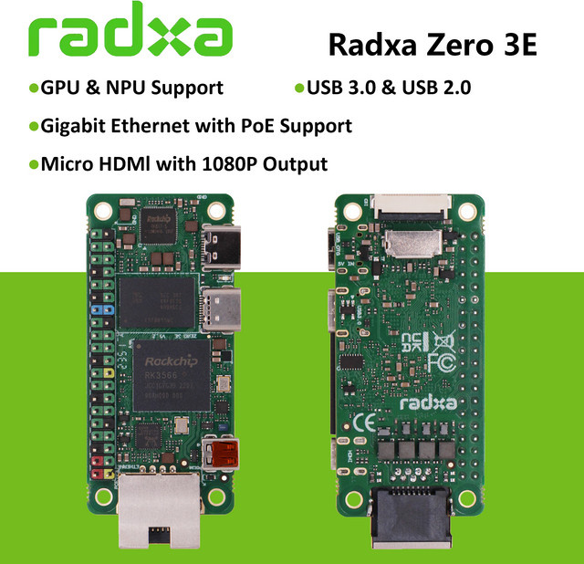 Radxa ZERO 3E Entwicklungsboard mit RK3566 4-Kern-CPU, GPU, NPU, HDMI 1080P und Gigabit-Ethernet in Grün - Bild 1