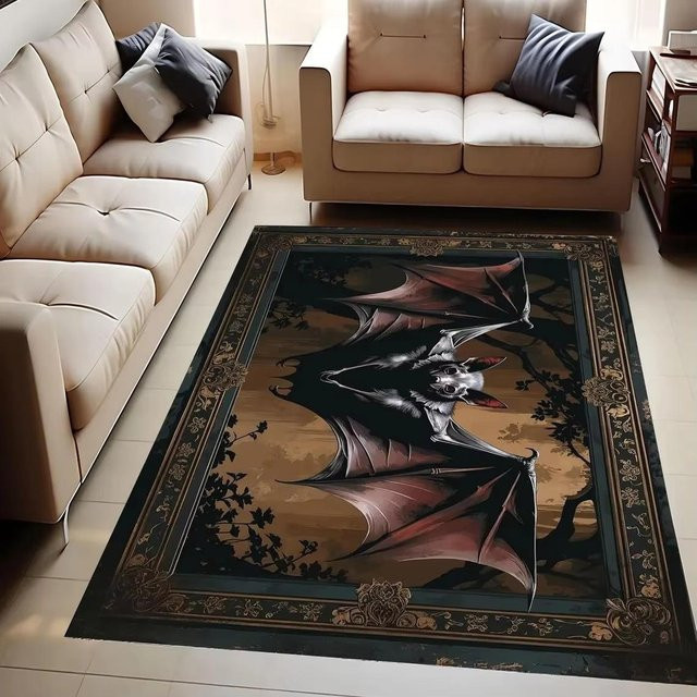 Gotische Fußmatte mit Fledermaus-Motiv von Lodestar in Schwarz und Weinrot, Polyester, B/T: 60 x 40 cm - Bild 1