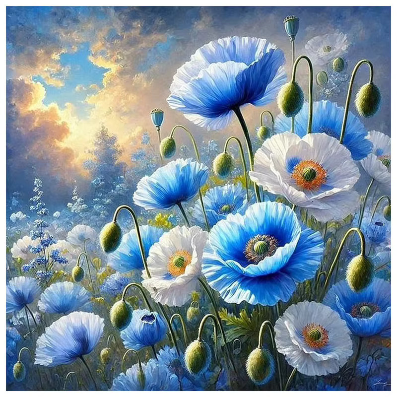 HUACAN Diamond Painting Set Mohnblumen Blumenfeld Landschaft 5D DIY Wandbild in Rot und Blau - Bild 4