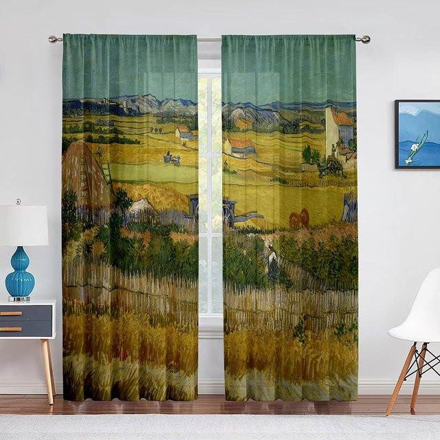 Transparenter Tüllvorhang Weizenfeld mit Zypressen von Van Gogh, klassische Kunst Dekoration, B: 100 cm, H: 250 cm - Bild 1