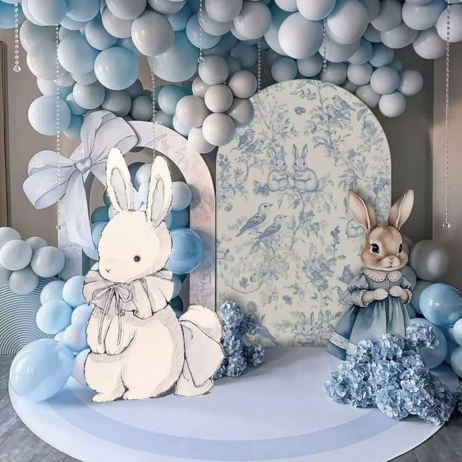 VIKAMA Vintage Bogen Hintergrund Cover Hase und Blumen in Blau für Hochzeit, Geburtstag und Party, B/H: 120 x 50 cm - Bild 2