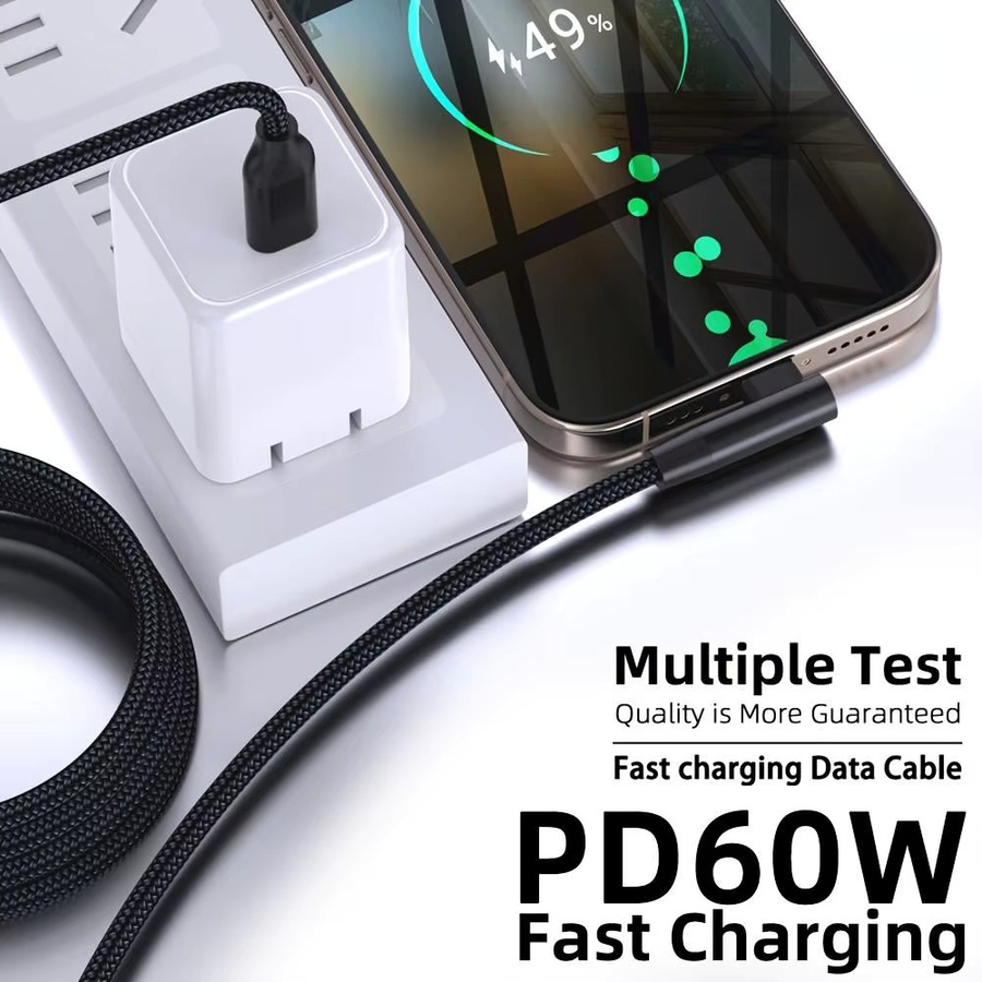 LAIHONEN USB-C Schnelllade-Datenkabel 60W mit 90 Grad Winkel, schwarzes Nylon-Geflechtkabel für Samsung, iPhone 15 und iPad - Bild 2