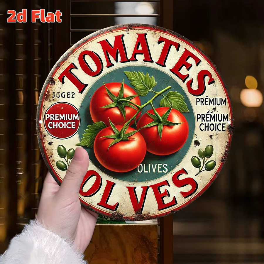 Potdemiel Wandkunstschild Tomaten und Oliven aus Metall im Vintage-Stil, runde mediterrane Küchendekoration in Rot und Grün, Durchmesser: 20 cm - Bild 3