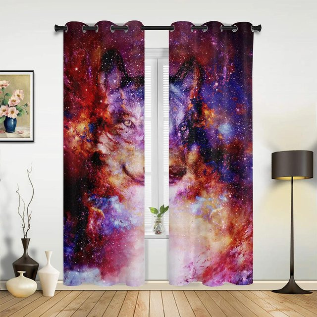 Moderner Vorhang mit weißem Wolf Motiv in Weiß und Multicolour für Wohnzimmer, Schlafzimmer oder Kinderzimmer, Breite: 135 cm, Höhe: 60 cm - Bild 1