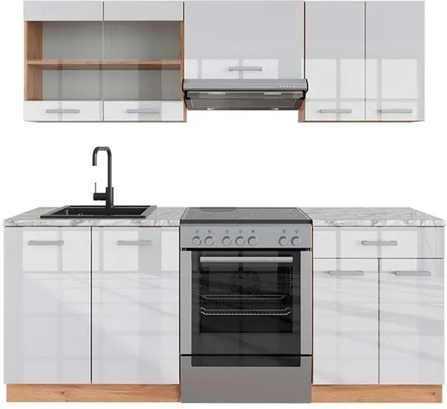 Vicco R-Line Küchenzeile Weiß Hochglanz und Goldkraft Eiche mit Marmor-Optik, Breite: 200 cm - Bild 1