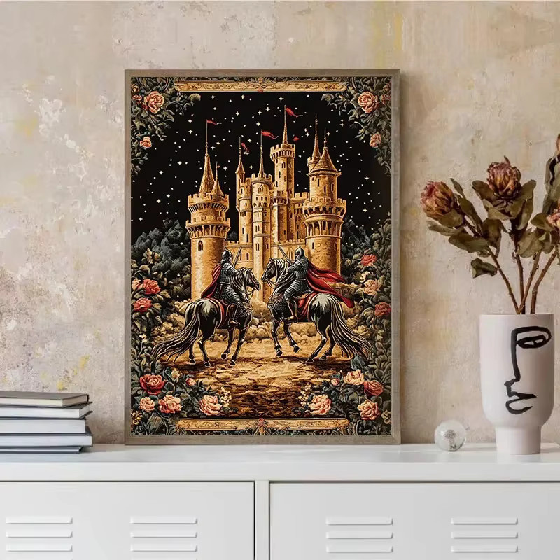 Vintage Renaissance Leinwandmalerei mit Ritter, Schwert, Schloss und Drache als Wandkunst im Portraitformat - Bild 3