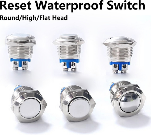 5er Set Metall Push Button Schalter mit flachem Kopf, 16mm Momentary Reset, wasserdicht, Farbe: Silber - Bild 1