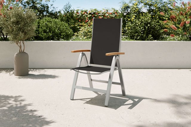 Villana Tasmania Klappstuhl in Silber und Grau aus Aluminium, Textilene und Holz, verstellbar mit Armlehnen, FSC-zertifiziert - Bild 1