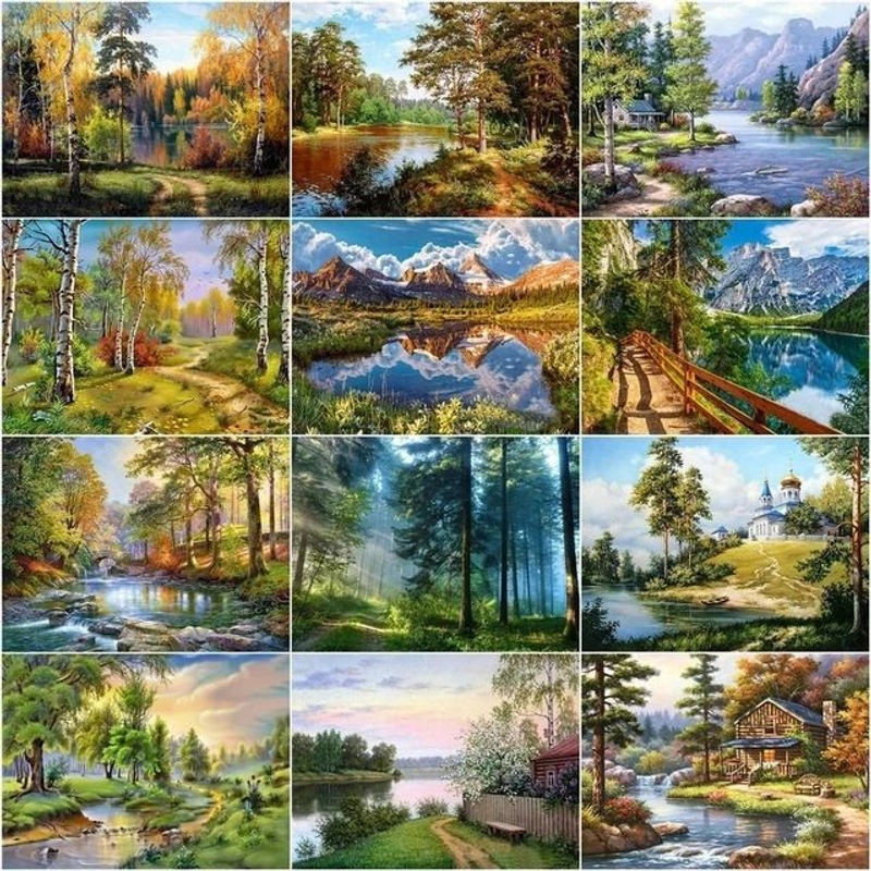 CHENISTORY Malen nach Zahlen Set mit Landschaft Motiv Bäume und Berge auf Leinwand, mehrfarbig, Querformat - Bild 1