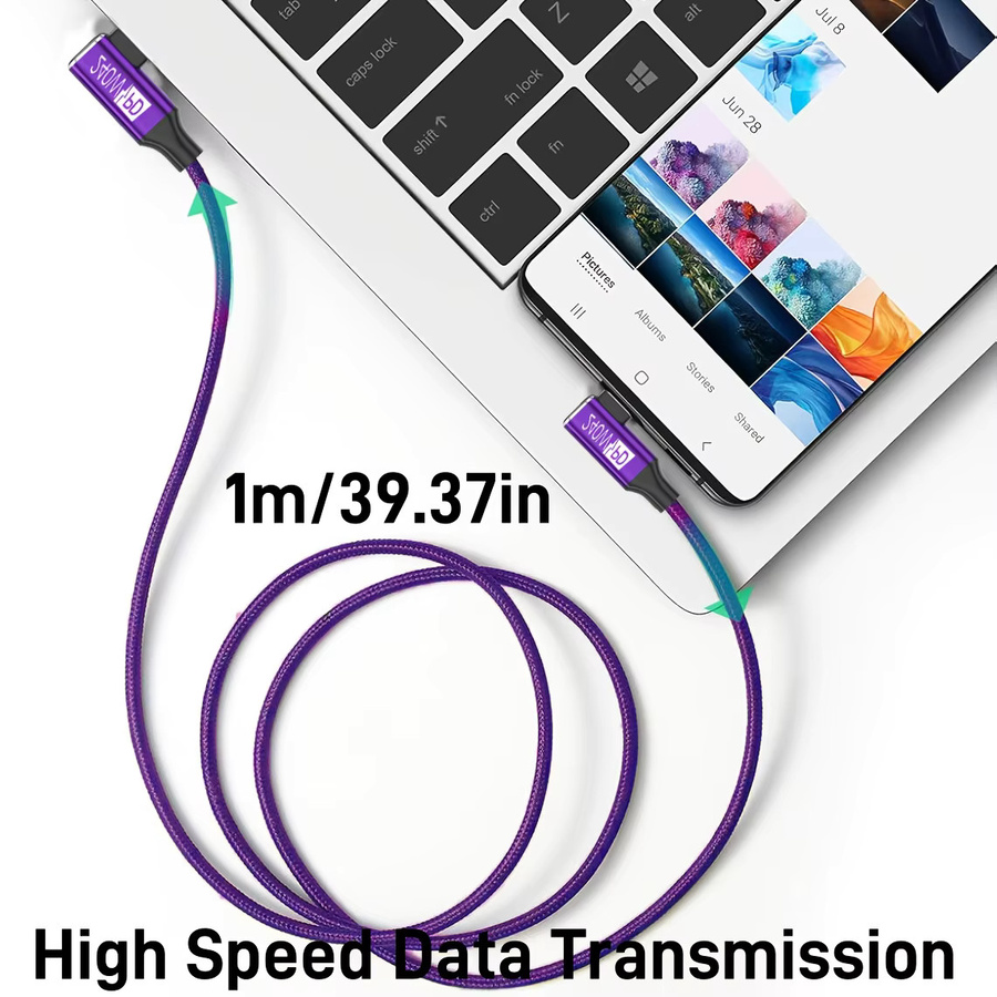 Lila USB-C auf USB-A Ladekabel mit 240 W und geflochtenem Nylon, erhältlich in 1 m, 2 m und 3 m Länge - Bild 4