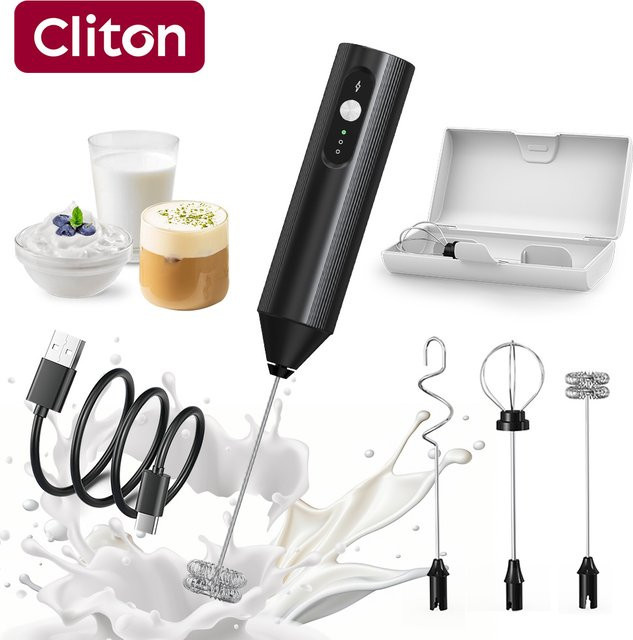 CLITON Mini-Elektro-Schneebesen in Schwarz, wiederaufladbarer Milchaufschäumer für Kaffee - Bild 1