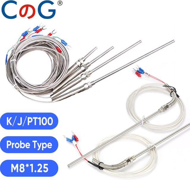CG Thermoelement Ofentemperatursensor mit M8 Schraubgewinde und Kabel, Typ K, J oder PT100, Farbe Silber - Bild 1