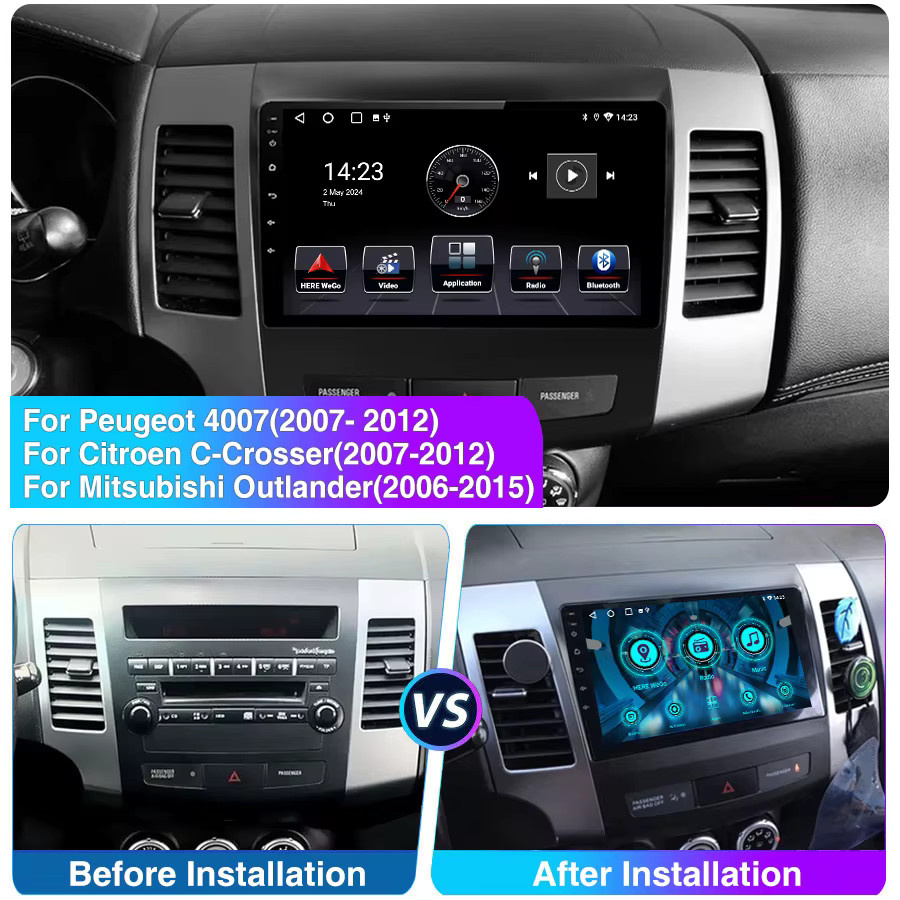 ESSGOO Android 14 Autoradio mit 9 Zoll HD-Touchscreen für Mitsubishi Outlander 2006–2012, Wireless CarPlay, Android Auto, GPS-Navigation, Bluetooth, WiFi und USB, Schwarz - Bild 3