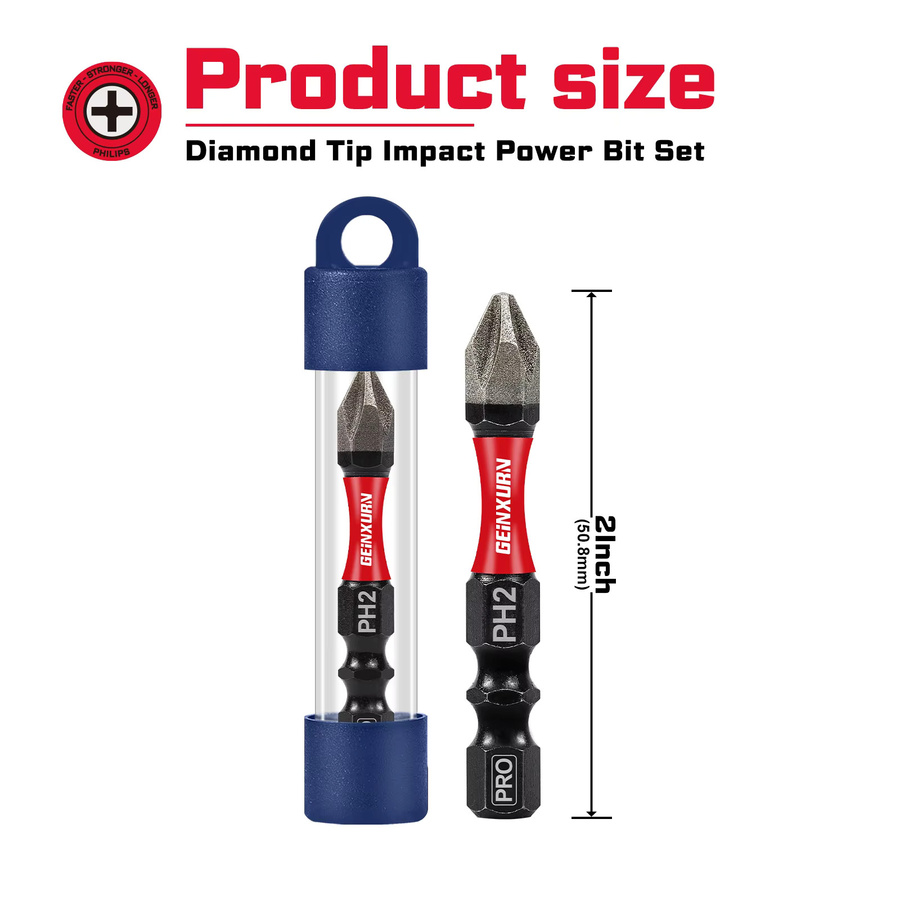 Geinxurn Diamond Coated Schlagschrauber-Bit-Set aus S2-Stahl mit magnetischen PH2-Bits und 2 Zoll Einsätzen in Rohrverpackung - Bild 2