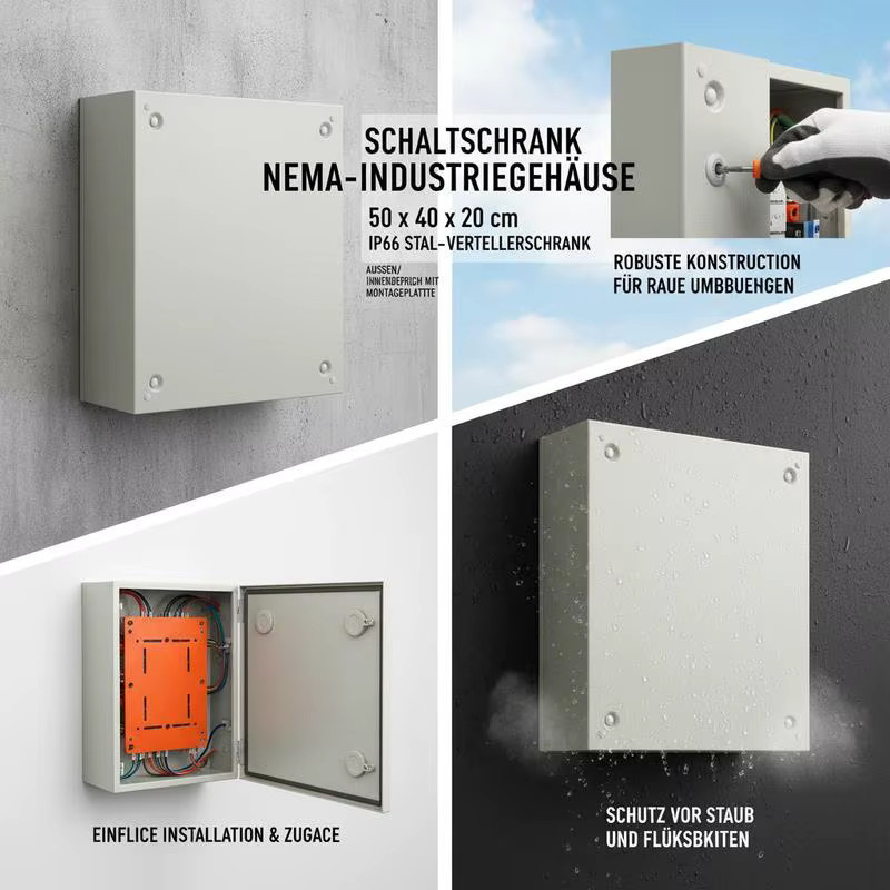 NEMA 4X Stahlverteilerschrank Industriegehäuse in Grau, IP66 wasser- und staubdicht, elektrischer Anschlusskasten für Innen- und Außenbereich mit Montageplatte, B/T/H: 50 x 40 x 20 cm - Bild 4