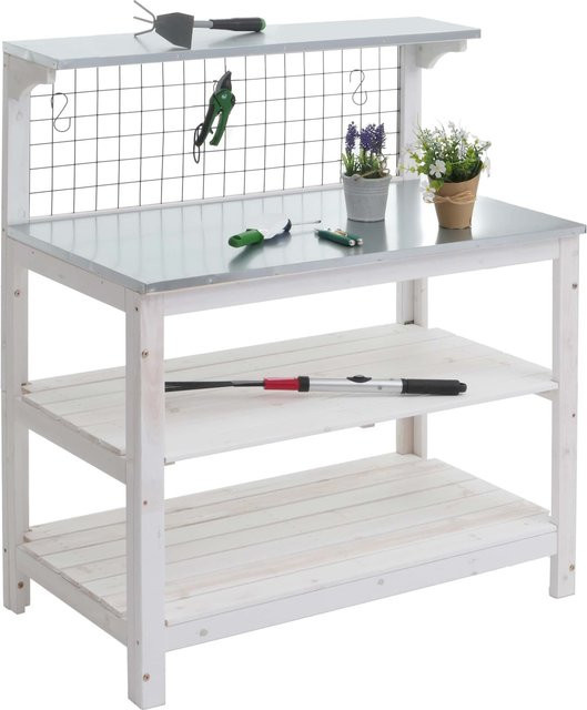 Pflanztisch MCW N55 aus Holz und Zinkblech in Weiß, B/T/H: 117 x 102 x 56 cm - Bild 1