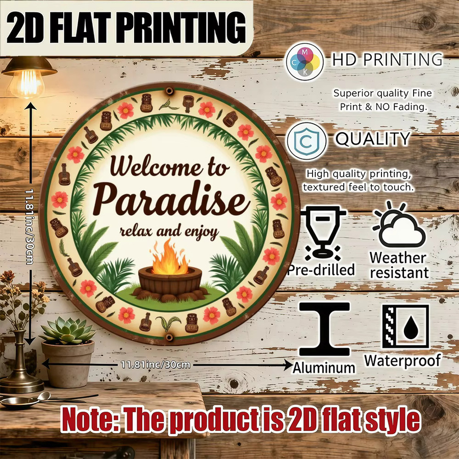 CIFBUY Retro-Schild Willkommen im Paradies runde Metall-Wanddekoration mit floralem Design, Durchmesser: 30 cm, Mehrfarbig - Bild 2