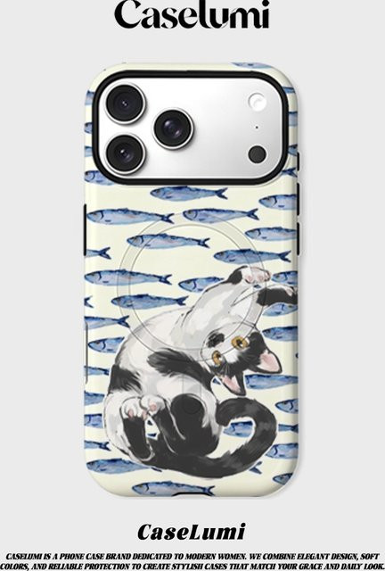CaseLumi Matte Bumper MagSafe Hülle für iPhone 17 16 15 14 13 Pro Max mit Katzen- und Fisch-Motiv, Stoßfeste PC-Hülle, Multicolour - Bild 1