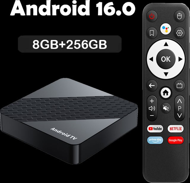 Smart TV Box Android 16 Media Streamer mit Rockchip RK3518, 8K Video, Google Assistant und Dual WLAN 5G/WLAN6, Schwarz - Bild 1