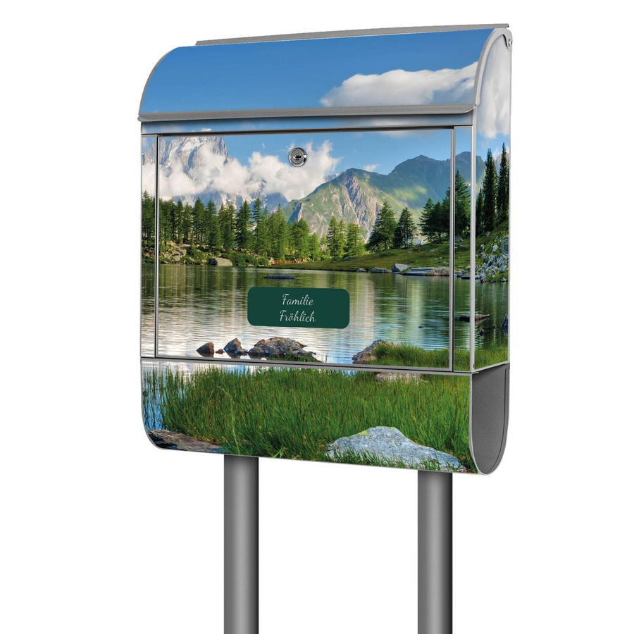 banjado Standbriefkasten groß mit Motiv Gebirgssee in Silber und Grau mit Zeitungsfach, B/T/H: 38 x 16 x 161,5 cm - Bild 1