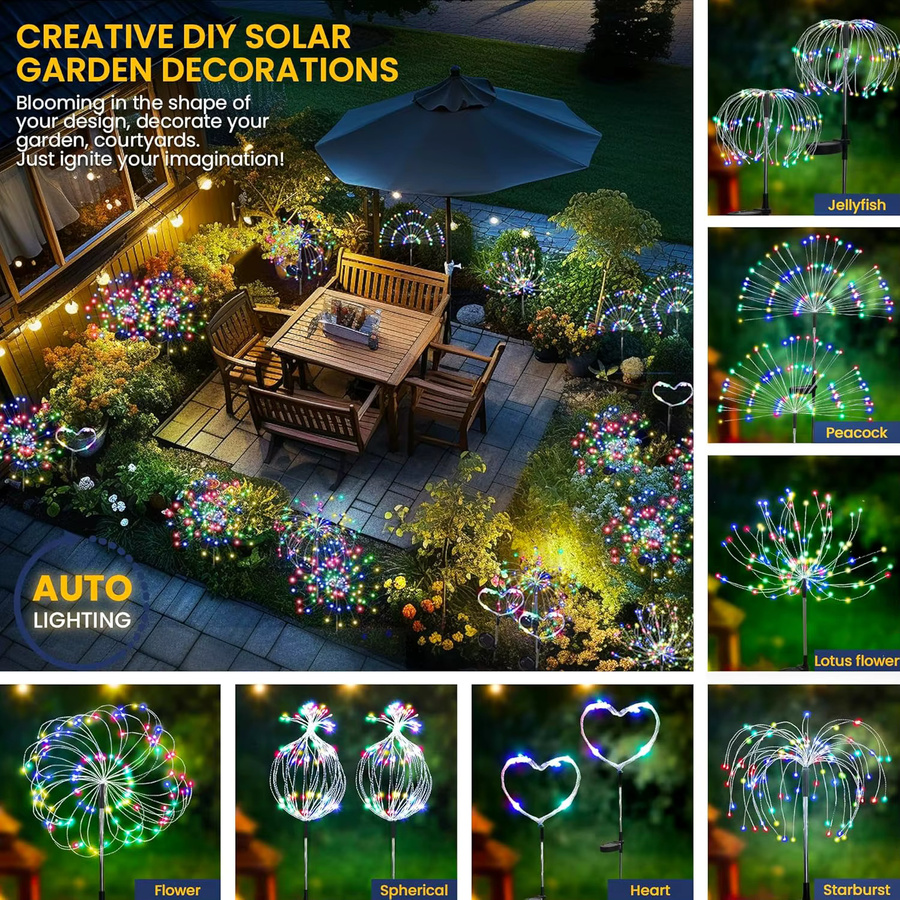 GHUSTAR 4er Set Solar-Gartenleuchten mit 200 RGB LED Feuerwerks-Effekt, wasserdichte Mehrfarben Außenbeleuchtung für Garten und Terrasse, Schwarz - Bild 6