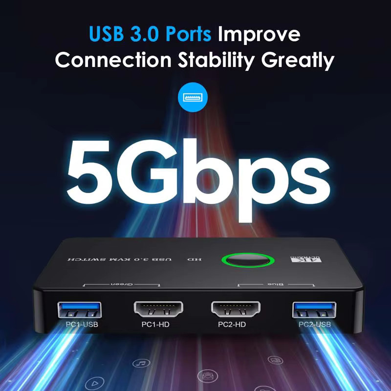 OULLX USB KVM Switch Box mit HDMI und USB 3.0 für 2 Geräte, Schwarz - Bild 1