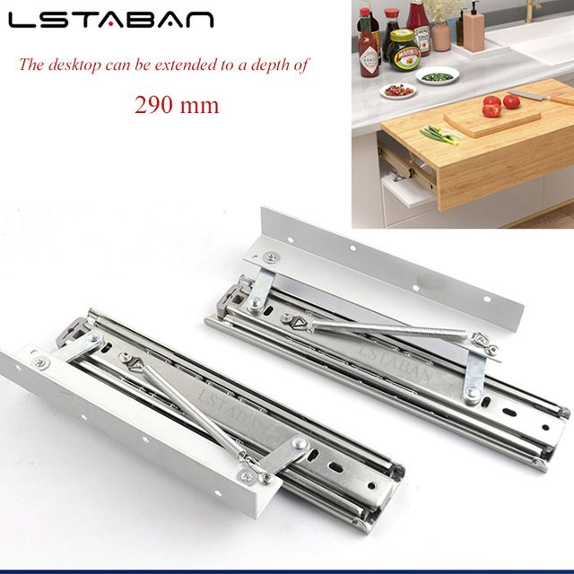 LEIBEEAN Pop-Up-Gleitschiene für ausziehbare Möbeltischplatten, Push-to-Open, Silber - Bild 1