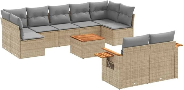 vidaXL 10-tlg. Garten-Sofagarnitur aus Polyrattan und Akazienholz in Beige mit UV-beständigen Kissen - Bild 1