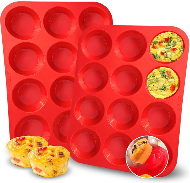 Venlohome Silikon-Muffinform in Rot mit 12 Fächern, antihaftbeschichtetes Cupcake-Tablett für Muffins, Cupcakes und Gebäck - Bild 1