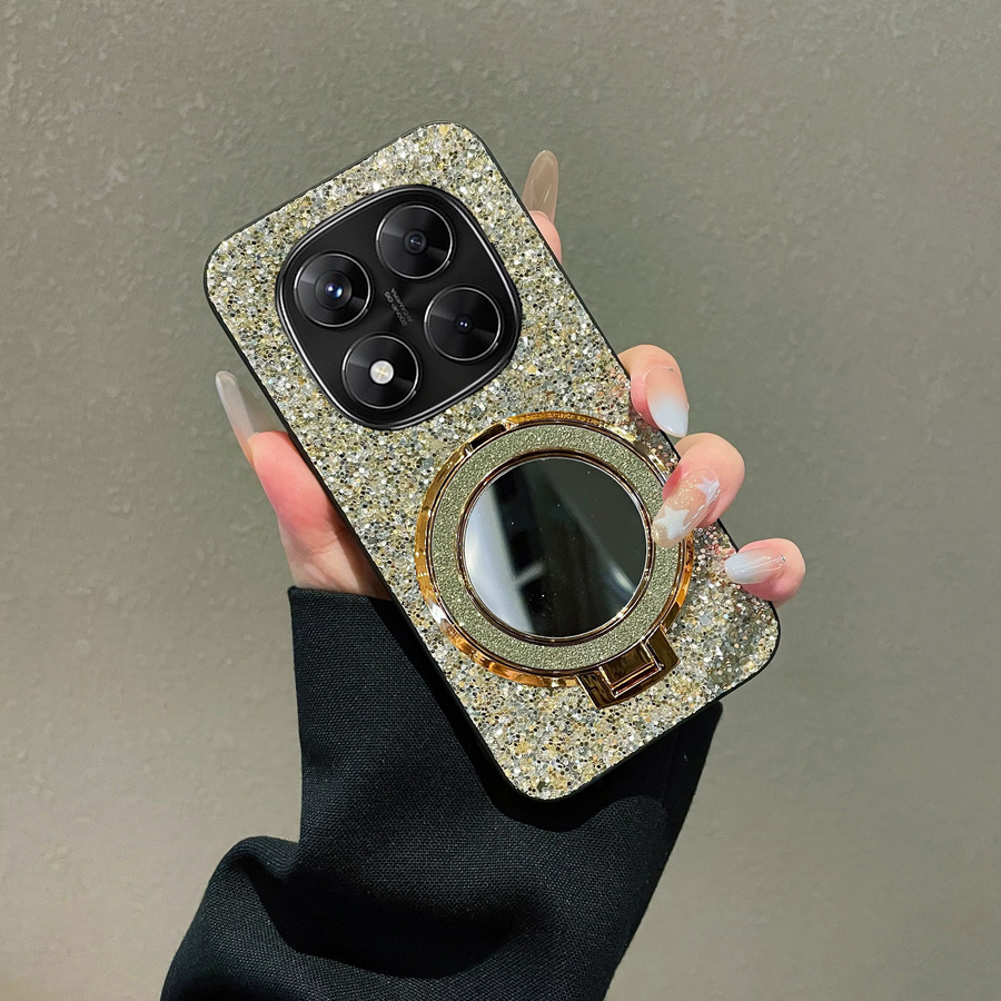 Glitzernde Kunstleder-Handyhülle in Gold für Xiaomi Redmi Note 14 15 4G 5G Pro mit glänzender Spiegelhalterung - Bild 3