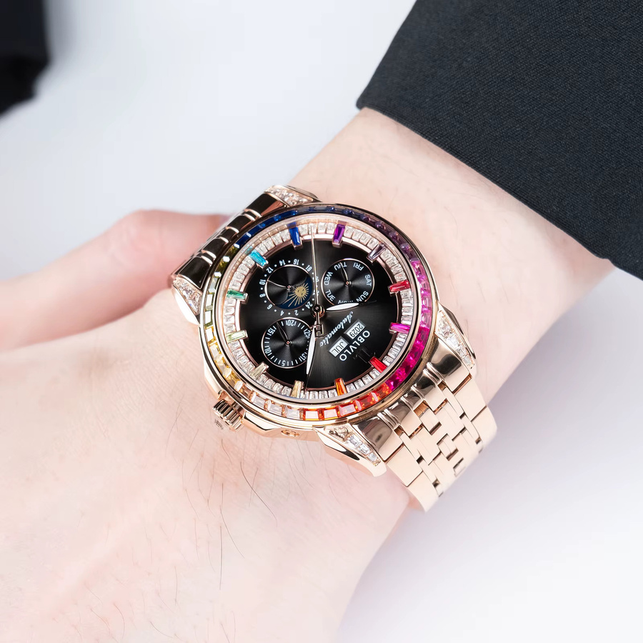 OBLVLO Armbanduhr Mechanisch, Mondphase, Edelstahl, Roségold, Herren - Bild 3