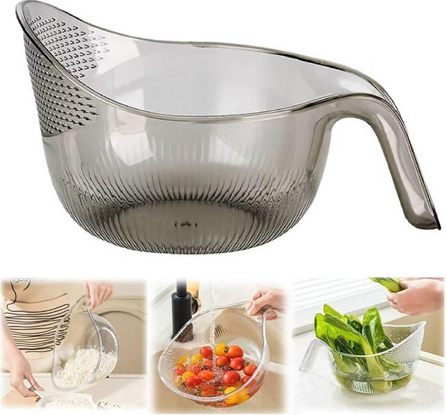 Multifunktionaler Reisspüler und Abtropfschüssel aus Kunststoff in Transparent mit Schaufel und Wasserfilterbecher - Bild 1