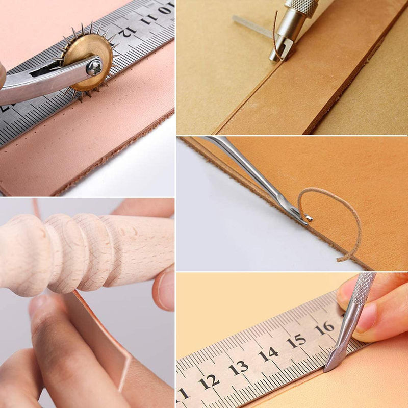 31-teiliges Leder-Nähwerkzeug Set für DIY-Lederhandwerk in Schwarz mit Groover-Ahle und gewachstem Fingerhut - Bild 3
