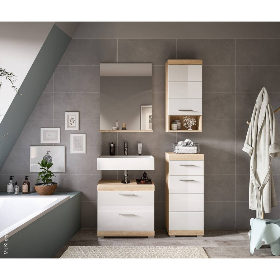 Badezimmer-Set Lambada von xonox.home in Eiche und Weiß Hochglanz, 4-teilig mit Spiegelschrank, Waschtischunterschrank und Hochschrank, B/H/T: 112 x 191 x 37 cm - Bild 3