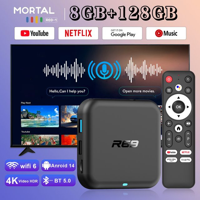 MORTAL Smart TV Box R69-1 mit Android 14.0, 4K UHD, 6 GB RAM, 128 GB ROM, Bluetooth 5.0 und WLAN - Bild 1